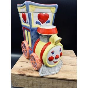 Vintage Train Locomotive Cookie Jar Jay Import Yellow Blue Red Heart Pink Wheels